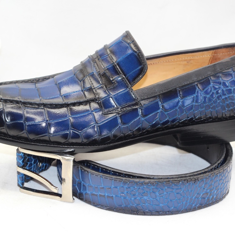 Men Premium Quality Handmade blue Alligator Print Leather Slip On Loafers Shoe